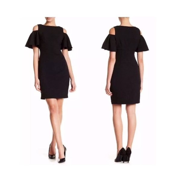 ELIZA J Black Open SHOULDER Ruffle Sleeve RUCHED Side COCKTAIL Mini DRESS Sz 144 - Picture 1 of 3